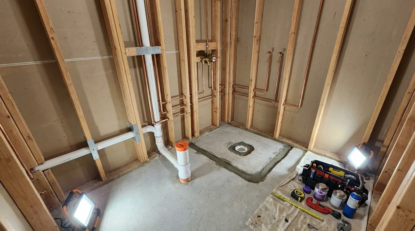 Bathroom rough-in plumbing during remodel by Johns Plumbing LLC in Kutztown