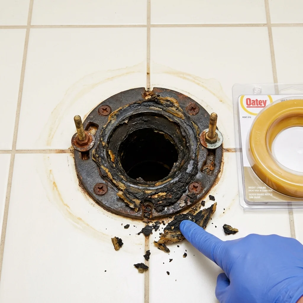 Failed wax ring showing water seepage at the base of a toilet in a Kutztown, PA home