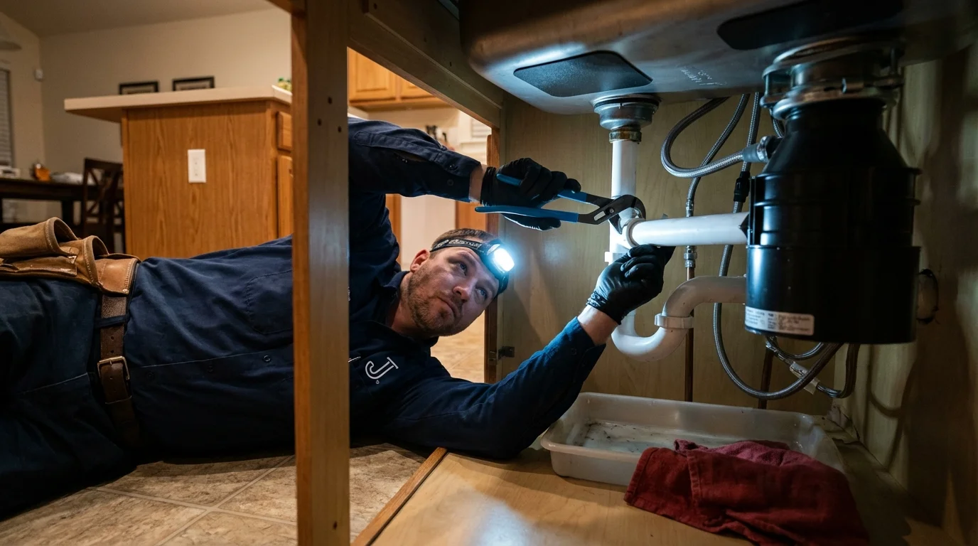 P-trap and supply line connections under a kitchen sink showing a common leak point in Kutztown, PA